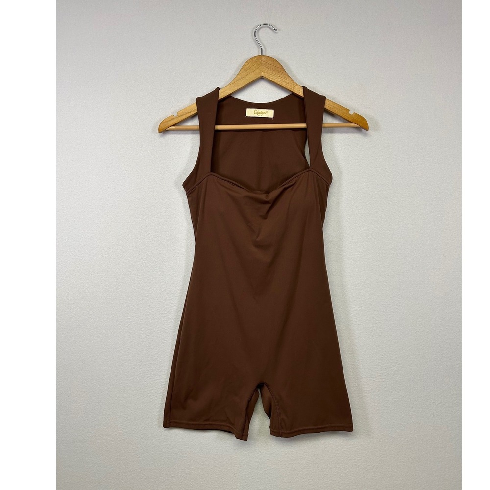 Athleisure Workout Qinsen Womens S Brown Square Neck Athletic Romper Bodysuit